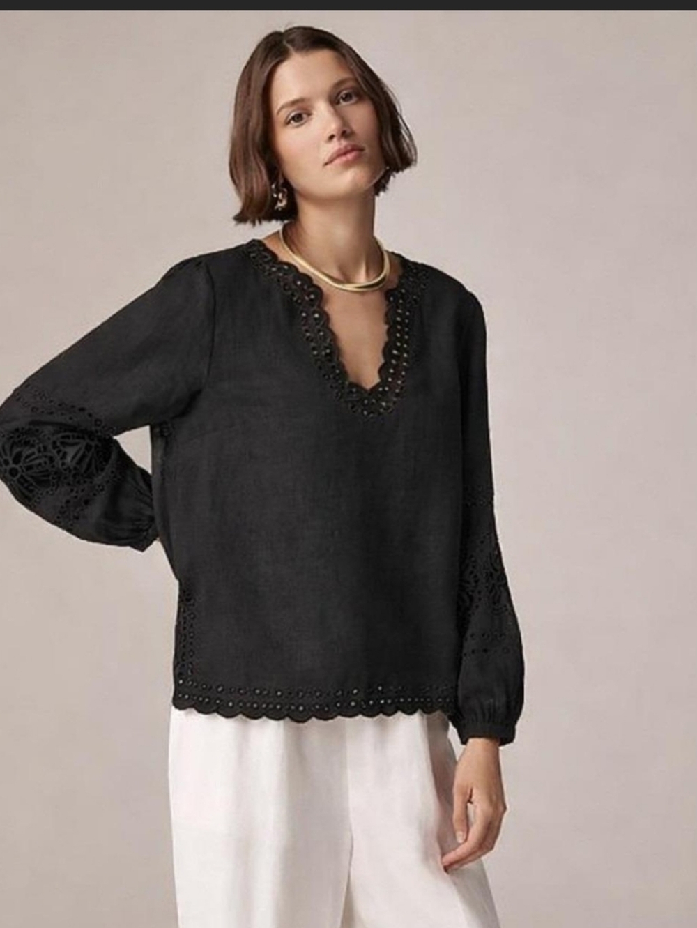 J. Crew Bungalow 100% Linen Black Embroidered Eyelet V-Neck Blouse Large - Picture 6 of 8